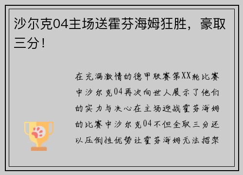沙尔克04主场送霍芬海姆狂胜，豪取三分！