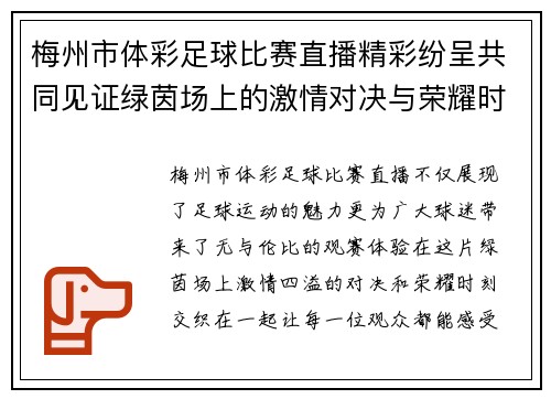 梅州市体彩足球比赛直播精彩纷呈共同见证绿茵场上的激情对决与荣耀时刻