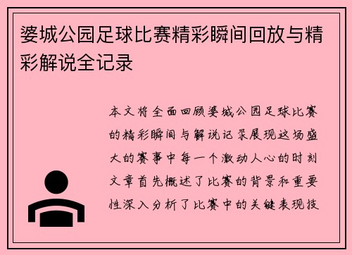 婆城公园足球比赛精彩瞬间回放与精彩解说全记录
